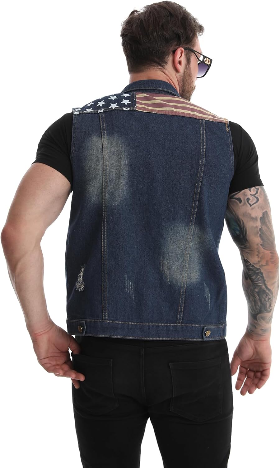 Idopy Men`s American Flag Retro Ripped Denim Jeans Vest Sleeveless Jacket