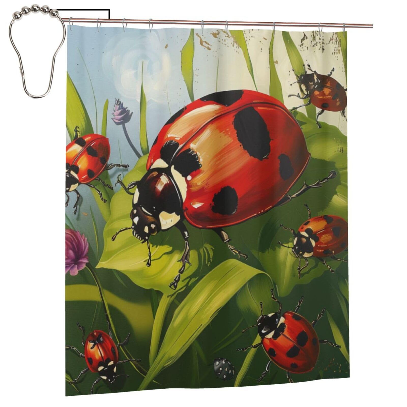 BWWHCCTI Ladybug Printed Shower Curtain With 12 Iron Hooks Opaque Quick Drying Waterproof Shower Curtains Sets For Bathroom 152x183 Cm