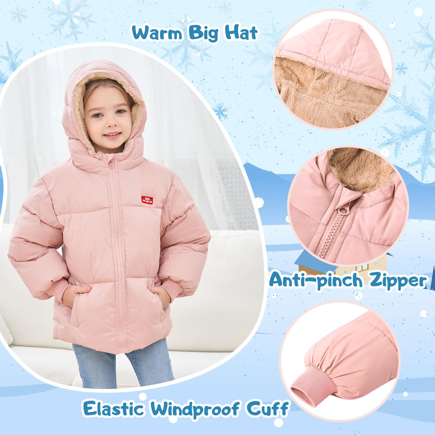 Kids4ever Abrigo de invierno para bebés y niñas, chaqueta con capucha y cremallera, resistente al viento, forro polar cálido, traje de nieve con dos bolsillos, 12 meses-5 años