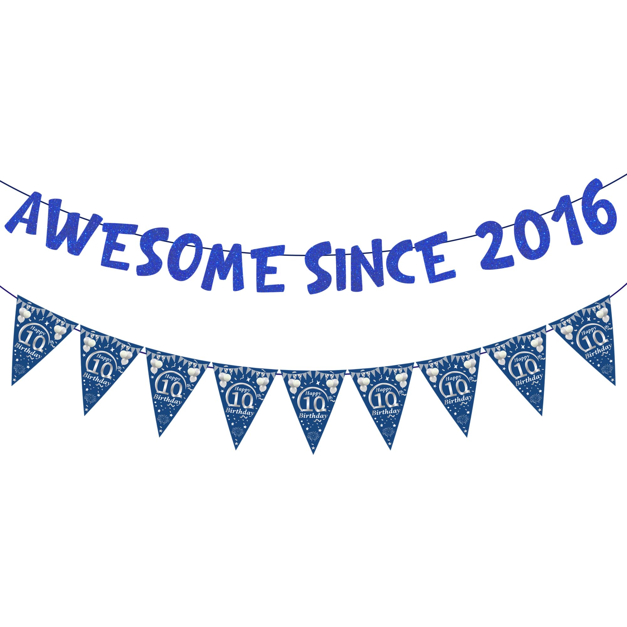 10th Birthday Banners Decorations - 2 Pcs Blue Pre-strung Awesome Since 2016 Sparkling Banner Happy 10th Birthday Triangular Flag for Boys 10 Year Old Party Decoration Supplies Photo Background