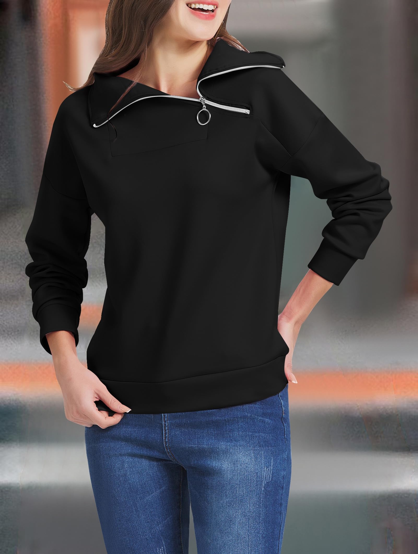 Cuptacc Sudadera Mujer Otoño Camiseta Manga Larga Mujer con Cuello Alto Casual Color Puro 1/4 Cremallera Pullover