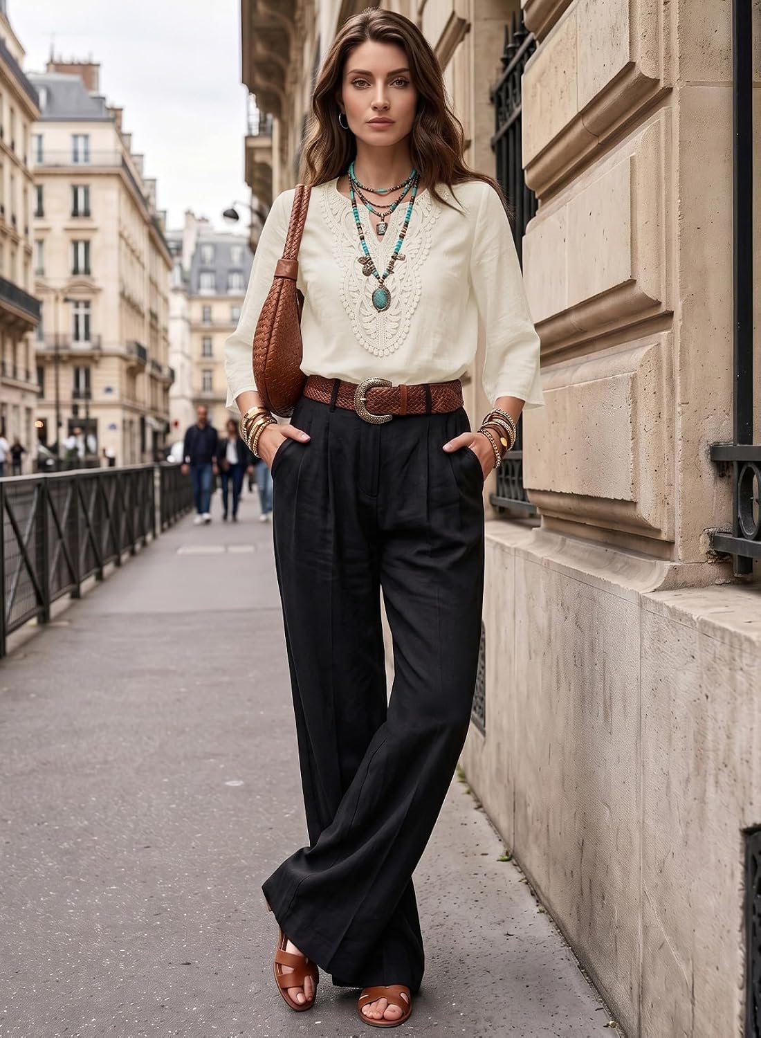EVALESS Boho Tops for Women V Neck 3/4 Sleeve Embroidered Lace Shirts image 4