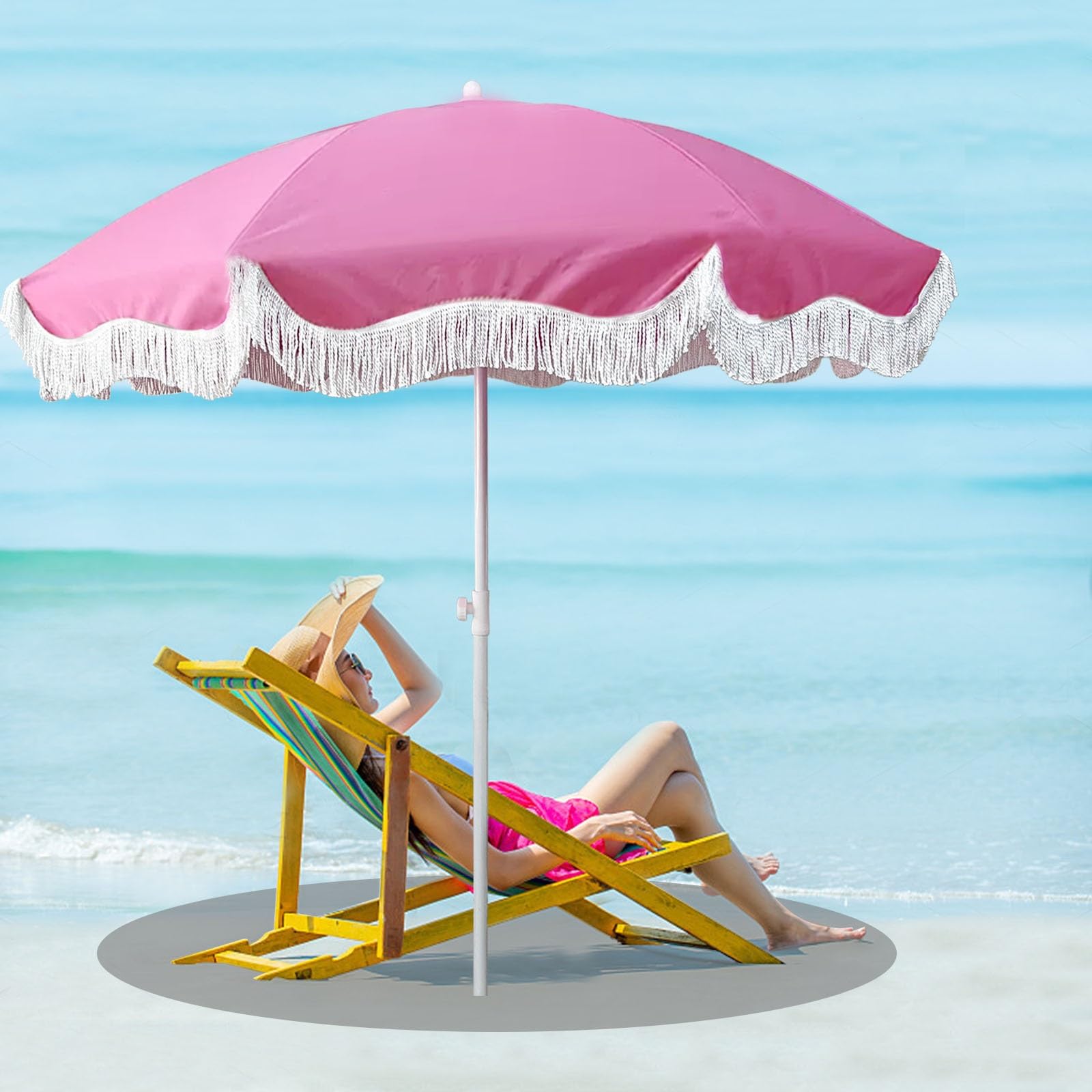 Elyrthriumc Travel Beach Umbrella with Fringe Rose Holiday Outdoor Umbrella Tilt Garden Parasol with Tassel 6.5ft Pool Umbrella Boho Patio Umbrella Waterproof UPF 50+ Foldable with Carry Bag