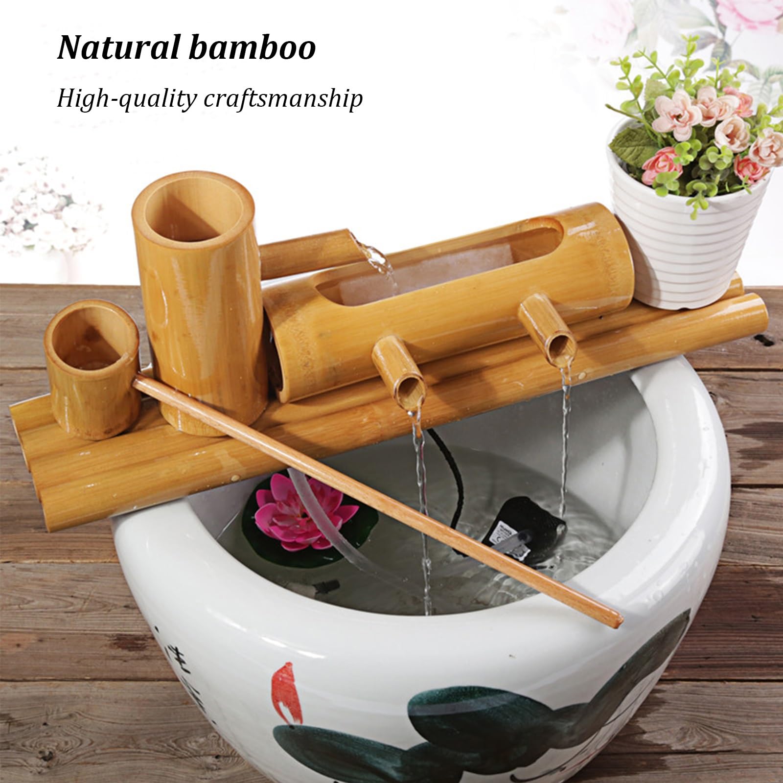 Fontaine Solaire en Bambou, Fontaine Japonaise d'extérieur avec Pompe, Jet d'eau étagé, Fontaine Artisanale en Bambou pour terrasse ou Bassin de Jardin, 30 cm