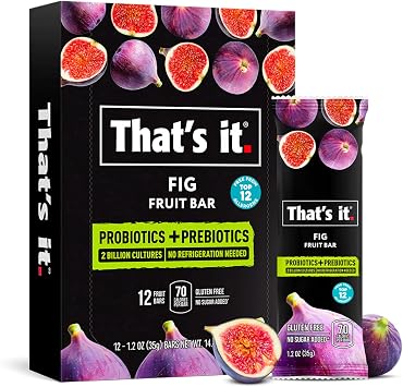 Thats it. Fig Probiotic Fruit Bar Pack,. Just Real Fruit + Probiotics, 70 Calories Per Bar, All Natural, 2- Ingredients, Shelf Stable, Allergy-Friendly 12 Count