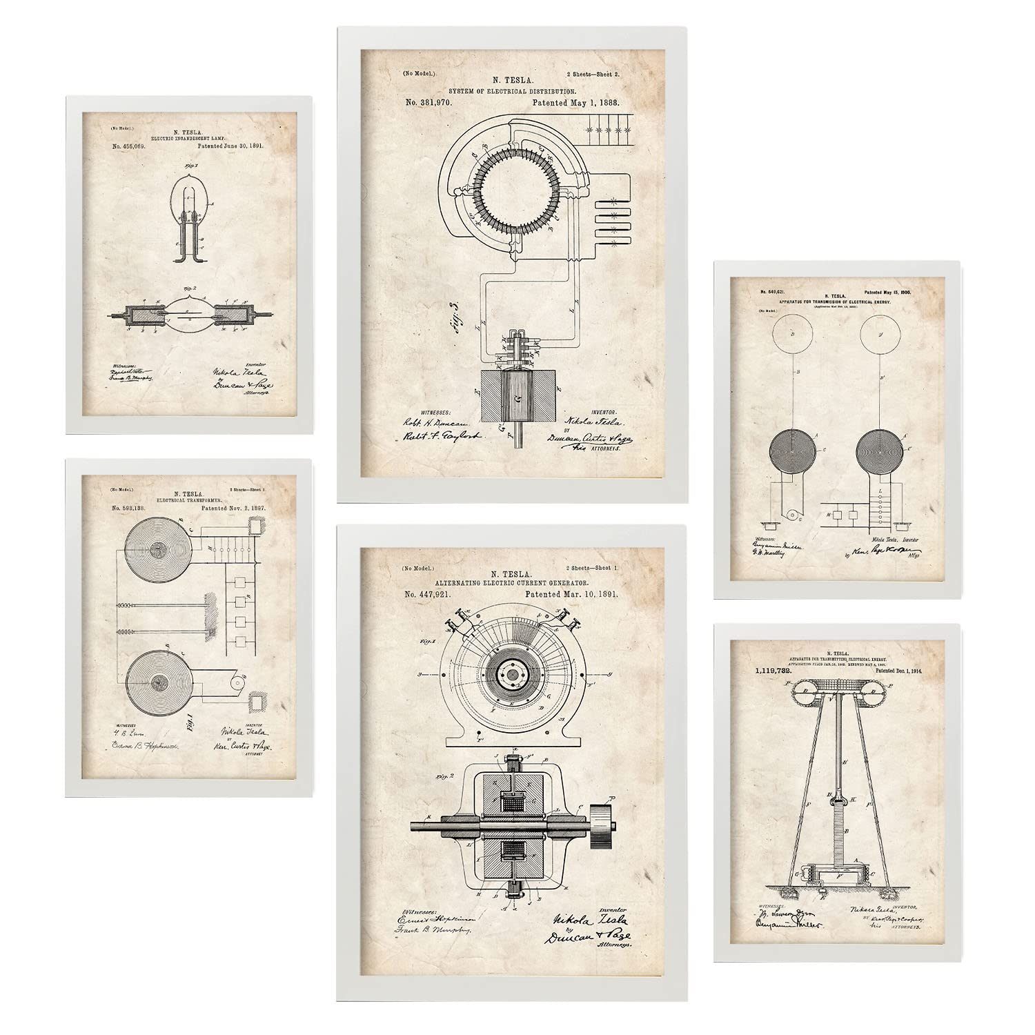 Nacnic Set of 6 Electricity 2 patent prints. Posters with retro patent illustrations for your home, shop, office... Vintage style interior decoration. A4 and A3 sizes. No frame.