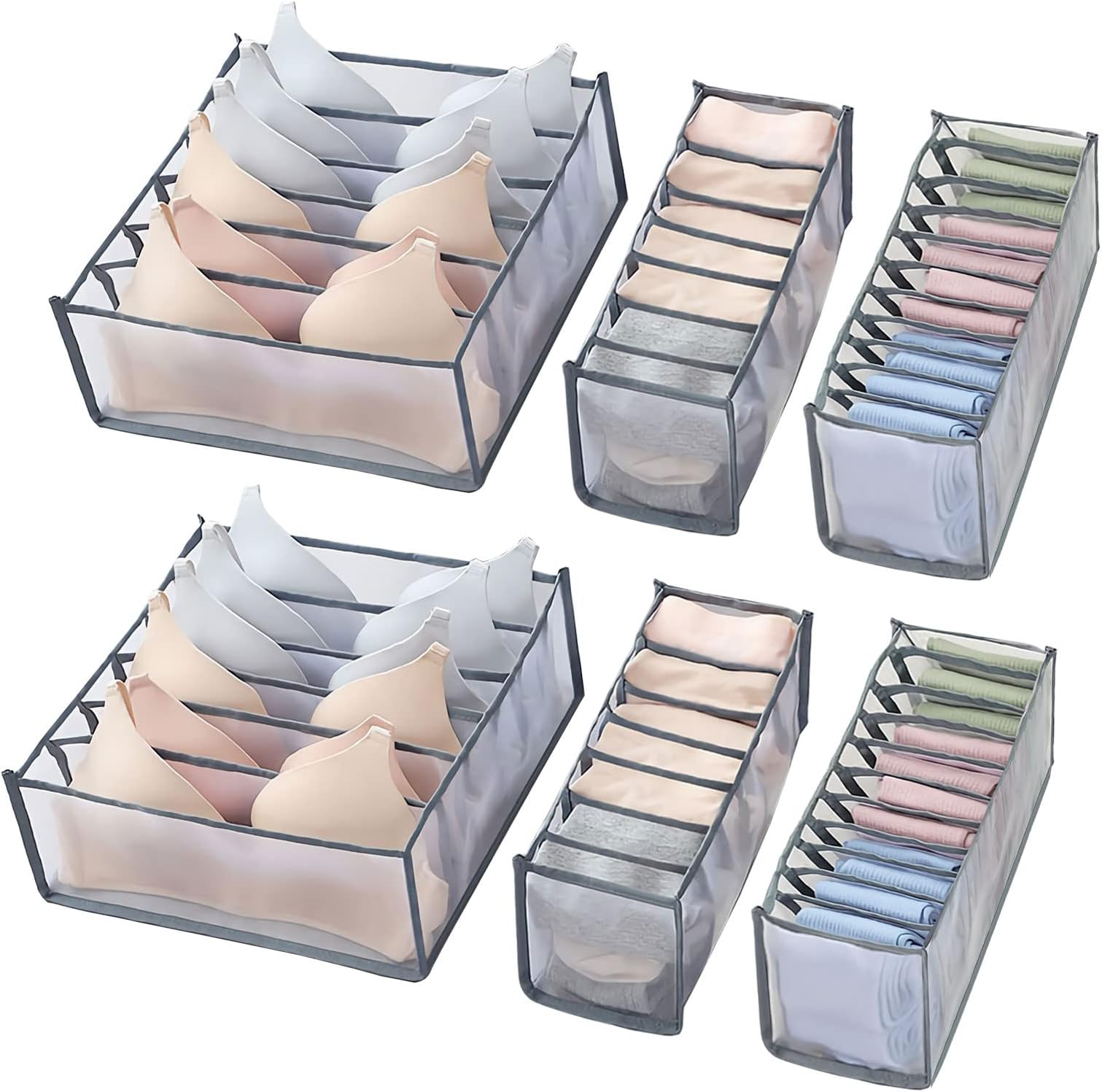 6 Pcs Underwear Drawer Organizer, Foldable Underwear Storage Divider Boxes 6/7/11 Cell Closet Clothing Organizers for Bras Panties Ties Socks Scarves Clothes