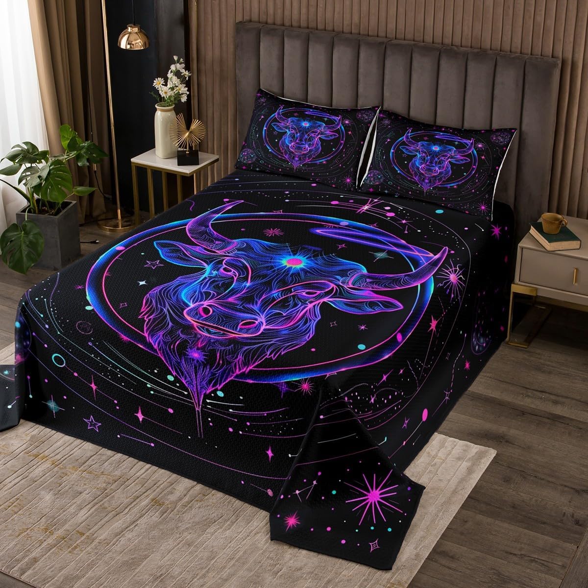 12 Constellations Quilt Set for Kids Teens,Leo Bedspread Coverlet,Purple Pink Star Moon Bed Cover Universe Galaxy Bedding Set Decorative Quilted 2 Piece Coverlet Set with 1 Pillow Sham,Twin Size