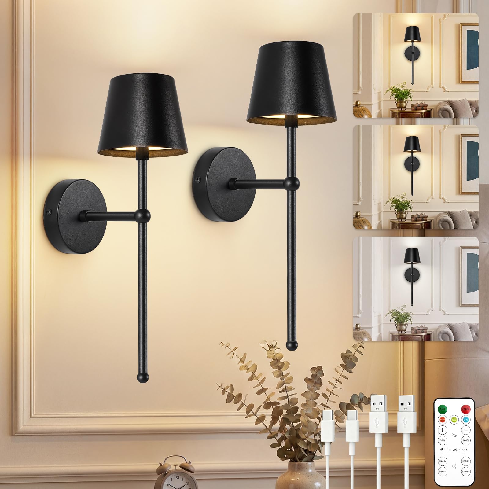 TaoFiaCo Black Rechargeable Wall Light with Remote Control - Retro Battery Operated Wall Lights Indoor for Living Room Bedroom - 3 Color Temperatures Modern Wireless Wall Sconces 2 Pack