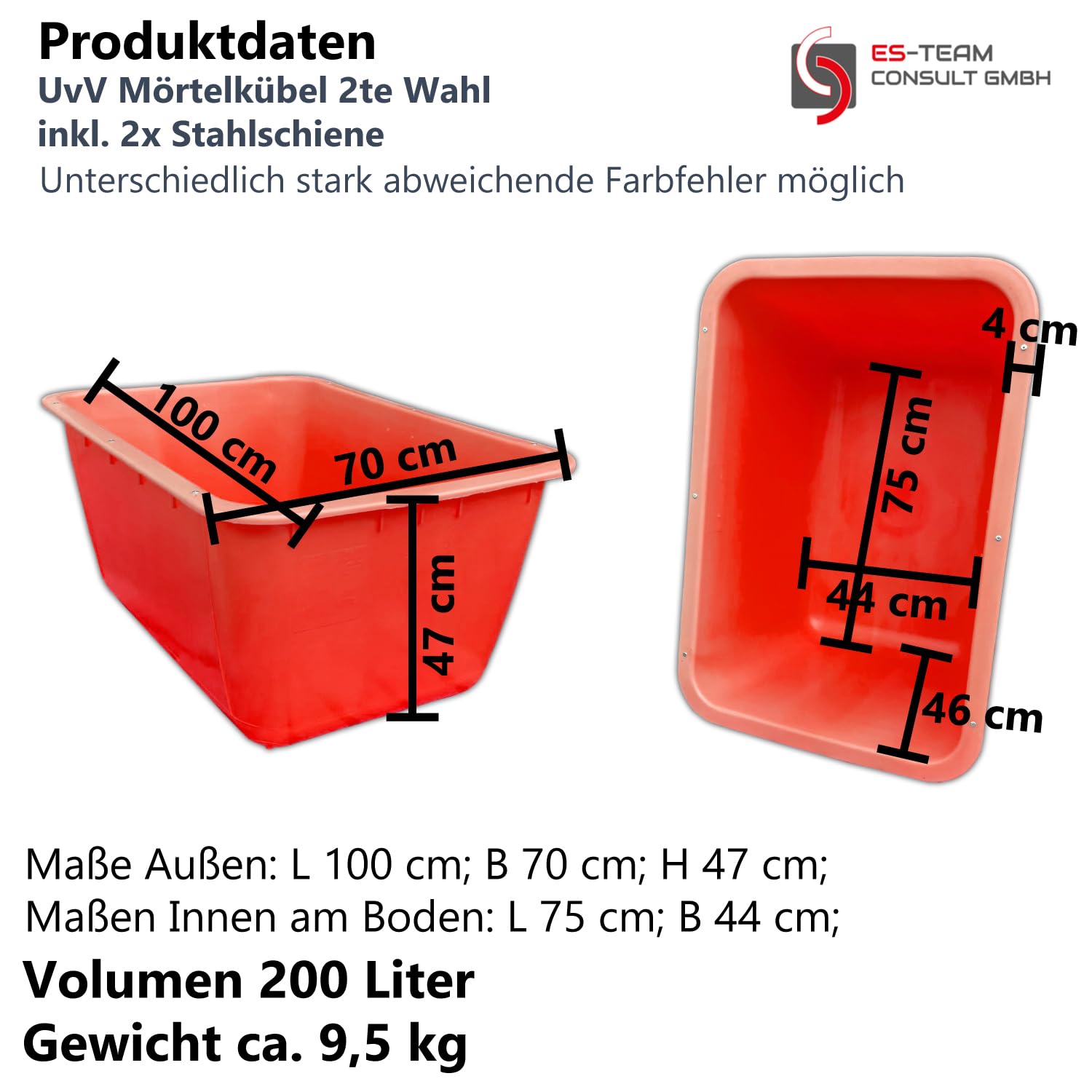 UvV Mörtelkübel 5 Stück 2. Wahl rot-orange 200l Grossbehälter, Futtertrog, Aufbewahrungsbox stabil, wasserdicht (mit Stahl Randverstärkung)