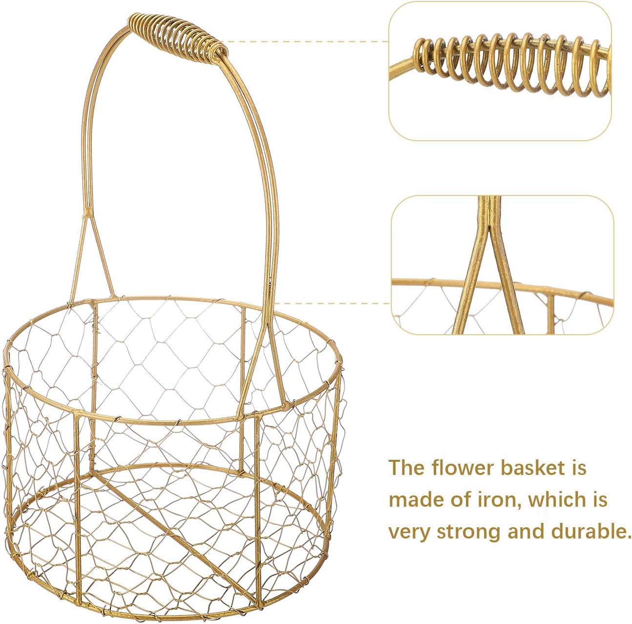 Rustic Flower Girl Basket Set of 2 Metal Wedding Basket with Handle Gold Flower Girl Baskets for Weddings Iron Storage Baskets Flower Petal Basket Wedding Flower Gift Baskets for Flower (B, 1 Pcs)