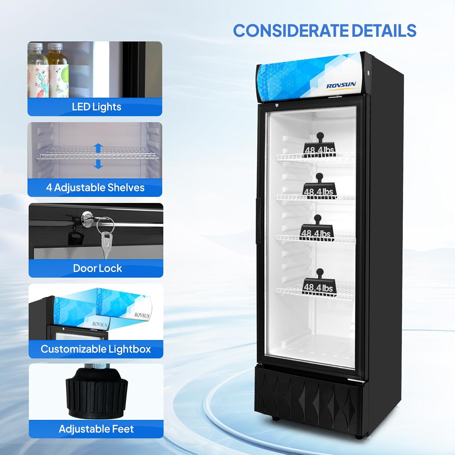 ROVSUN 8.5 Cu.Ft Commercial Beverage Refrigerator ETL NSF, Merchandiser Refrigerator Display Refrigerator Beverage Cooler Glass Door Fridge w/Adjustable Shelves LED Light for Bar Restaurant Cafe
