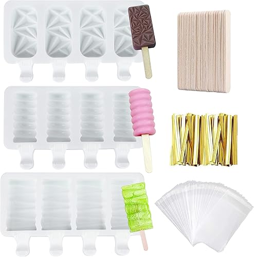 Yayatty - Moldes de silicona para paletas de tarta, 3 formas, forma de molde de helado con 50 varillas de madera, juego de bolsas de embalaje para
