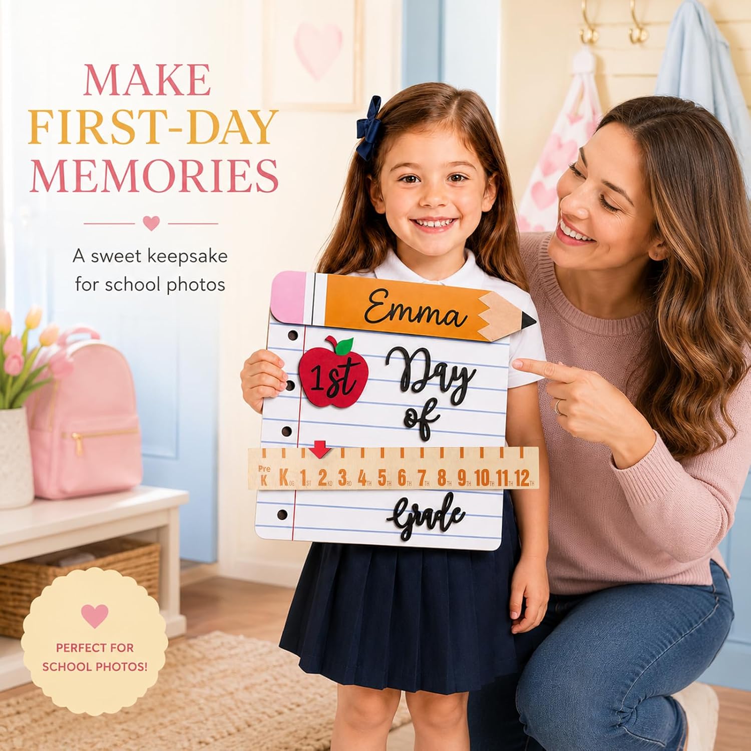 First and Last Day of School Sign with Grade Ruler, Reusable Back to School Board with Marker, Easy-to-Erase First Day and Last Day of School Sign for Preschool, Pre-K and Kindergarten