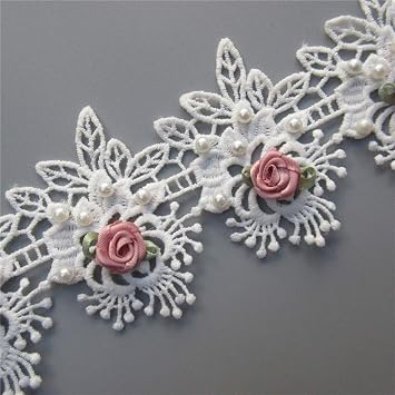 1 Yard Vintage Cotton Eyelash Pearl Flowers Leaf Embroidered Lace Trim Fabric Floral Appliques Lace Ribbon Bridal Ornaments Handmade DIY Sewing Supplies Craft for Costume Hat Decoration 2.75" Wide