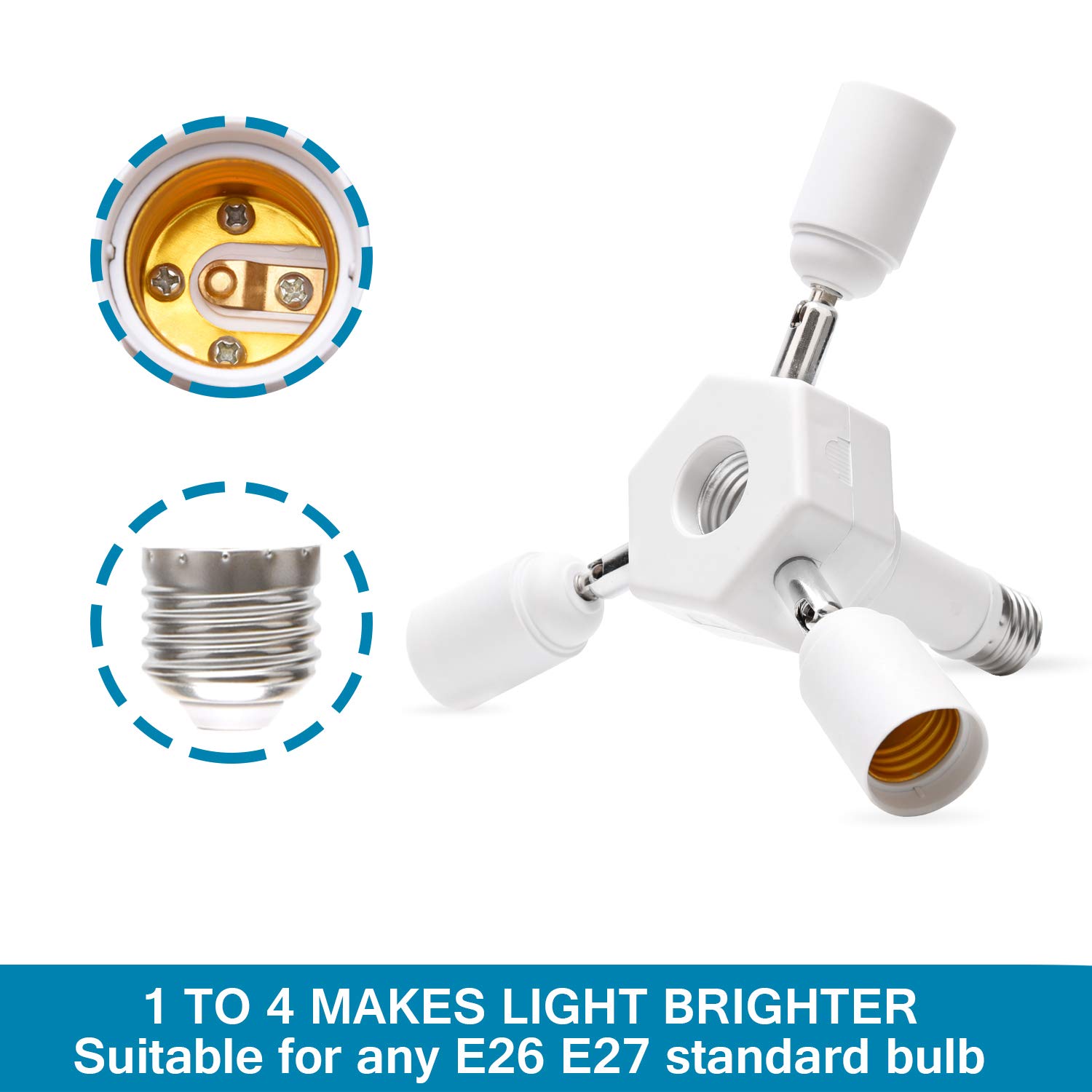 JACKYLED Light Socket Splitter 4 in 1 Lengthen E26 E27 Base Adapter Converter for Home Office Basement