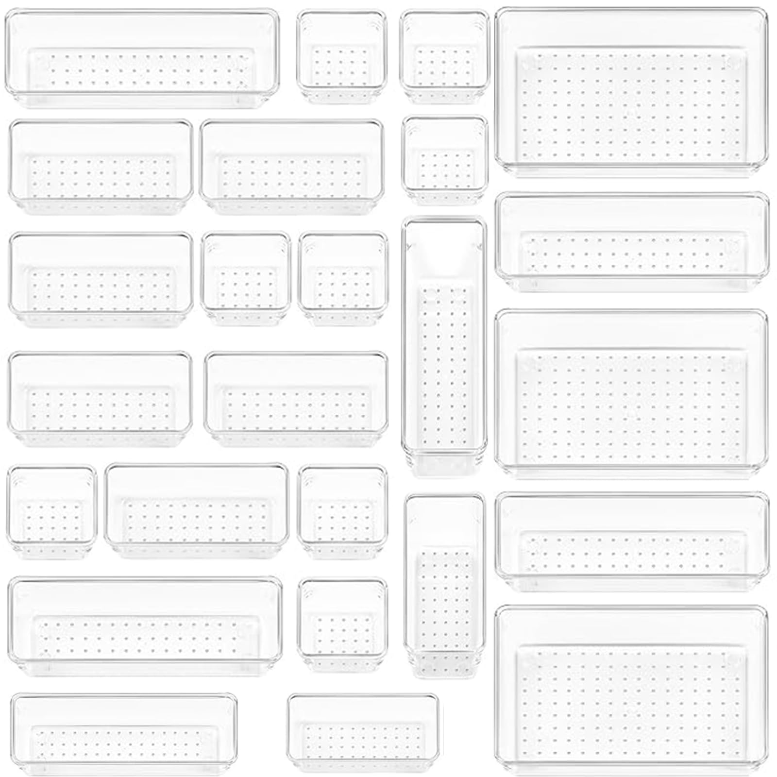Organizer Cassetti 25 Pezzi, 4 dimensioni, Contenitori per cassetti in Plastica Trasparente Divisori per Cassetti Impilabili per Bagno, Cucina, Trucchi, Scrivania