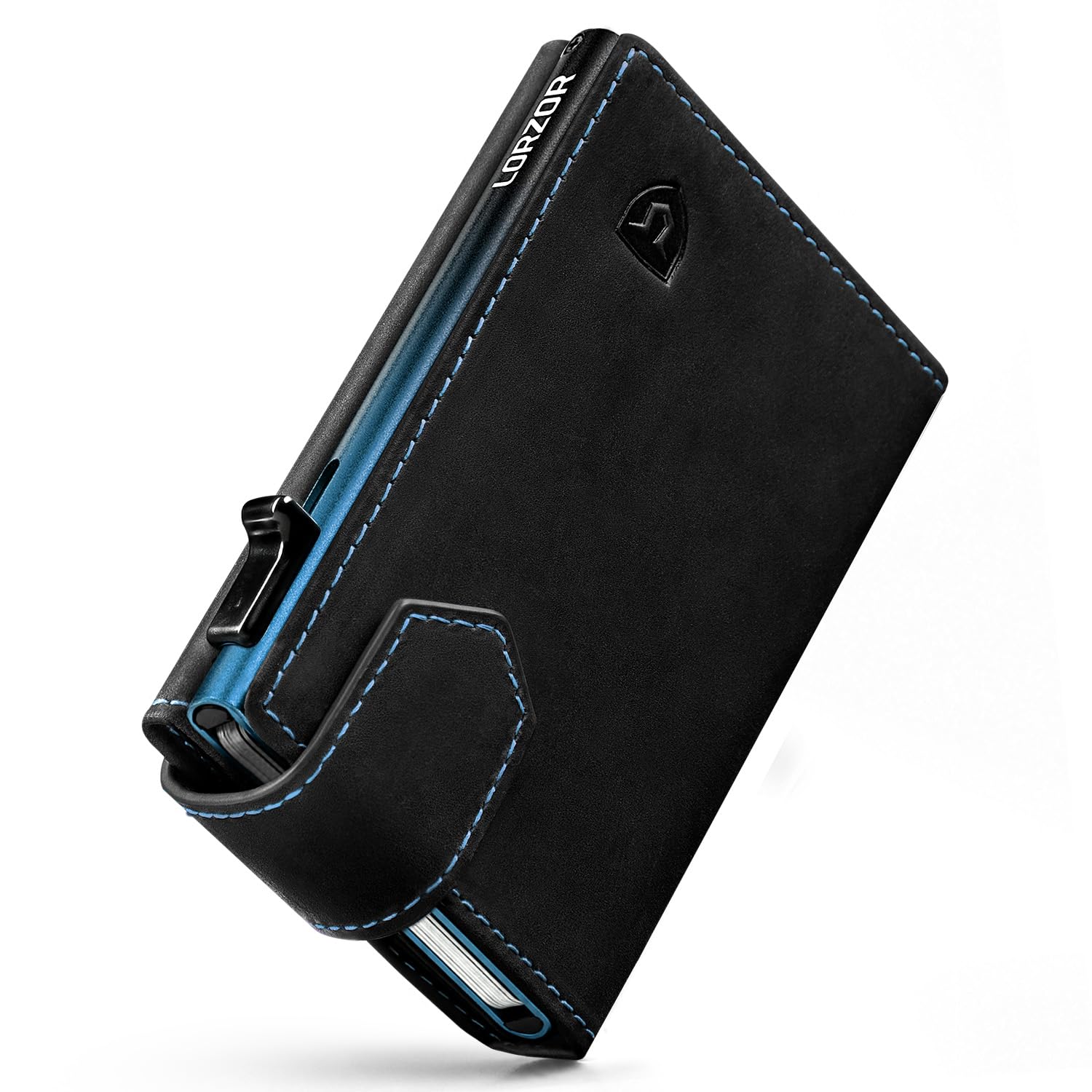 LORZOR Kartenetui mit Magnetischer Verschluss, Slim Wallet mit Münzfach, Geldbörse Herren RFID Schutz, Portmonee Herren Portemonnaie für 10 Karten, Smart Wallet, Geldbeutel (Blau-Schwarz)