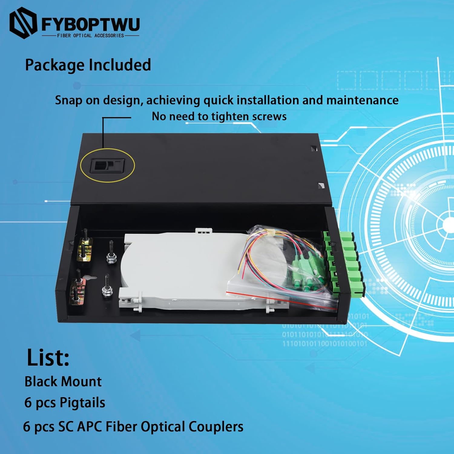 fyboptwu-6 SC-APC Singlemode Couplers 6 Core SC Box Fiber Optic Cables Wall Mount Fiber Enclosure with Singlemode SC APC Kit (Includes Pigtails and Couplers)