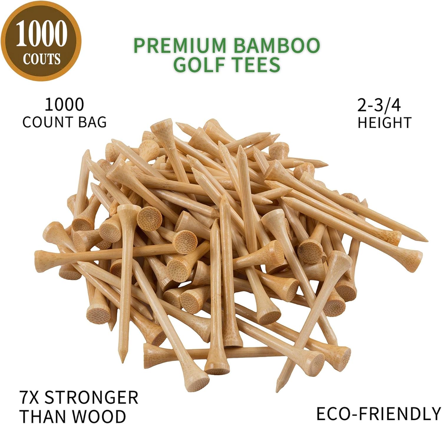1000pcs Per Pack Natural Bamboo Golf Tees, 2.75 Inch (7cm) Length, PGA Approved for Professional Player or Beginner's Trainning. Stronger Than Wood, No Side Spin Friction.