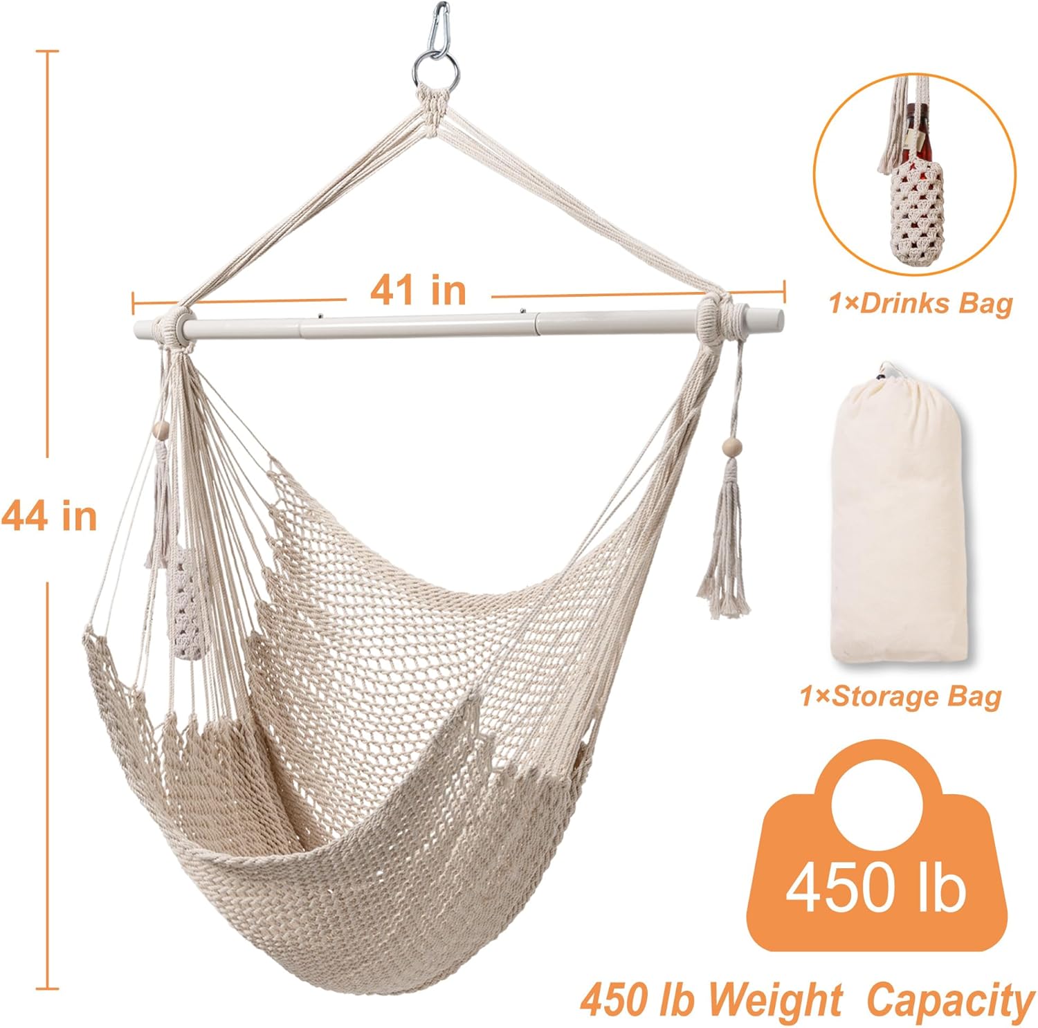 Lazy Daze Hammocks Chair Caribbean Hanging Rope Swing Chair, 40" Removable Steel Spreader Bar with Anti-Slip Rings, Soft-Spun Cotton Rope for Indoor/Outdoor Backyard & Living Room, Max 500 LBS, Beige