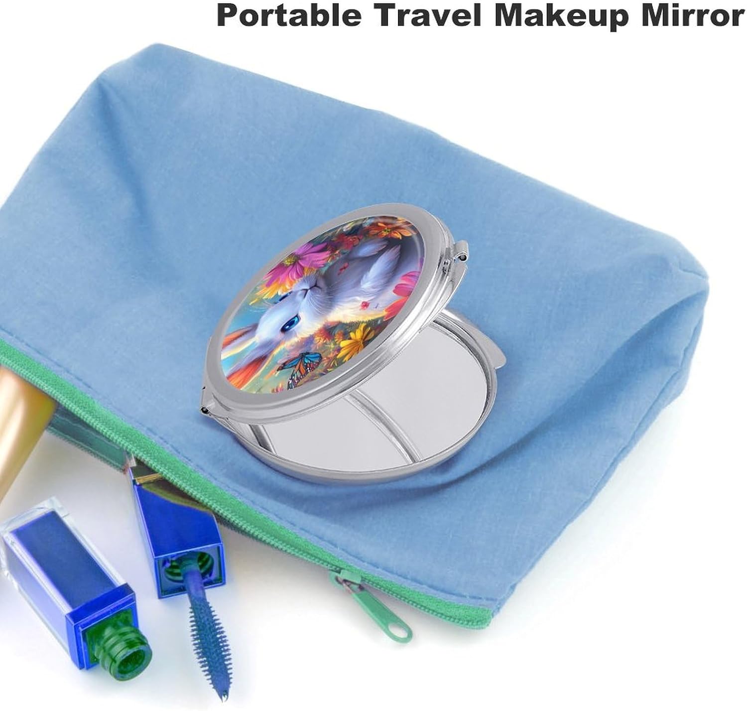 Cute Bunny Flowers Compact Makeup Mirror Mini Foldable Cosmetic Mirror Portable Travel Mirror for Purse Pocket