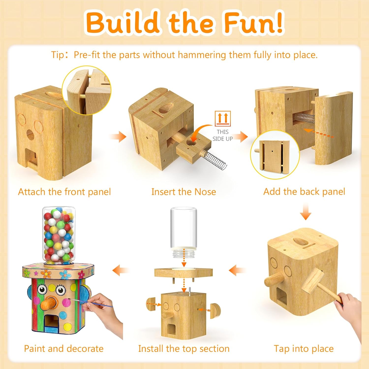 Woodworking Kit for Kids, STEM Wooden Candy Dispenser, DIY Wood Building Kits, Includes 12 Paints & 2 Brushes, Smooth No Nails Assembly, Mechanical Model for Boys & Girls, Fits Gumballs Under 0.6 Inch