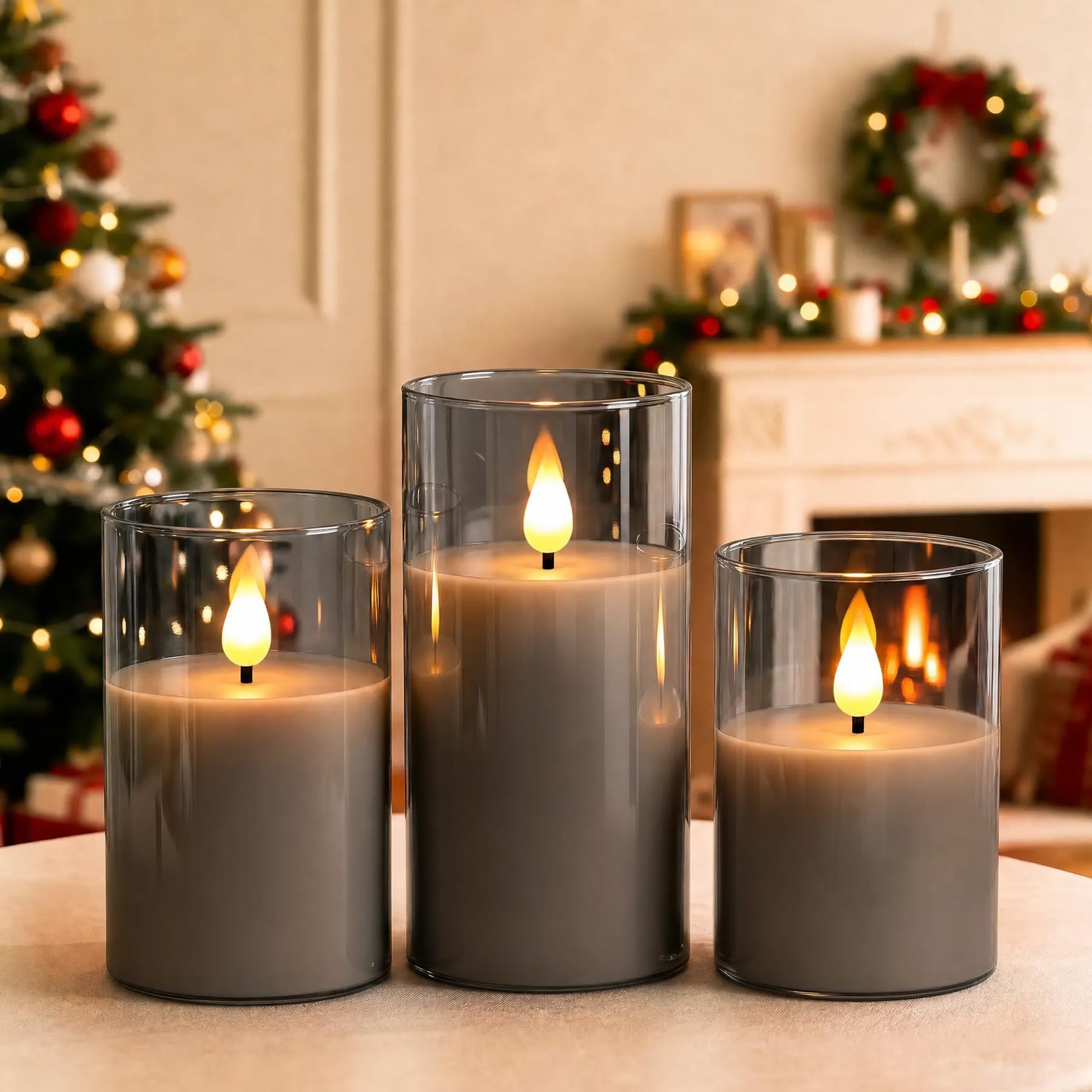 Bougies LED Rechargeable,Lot De 3 Verre Gris Bougies LED Sans Flamme avec télécommande et minuterie(10/12.5/15cm),Bougies Décoratives pour Fête, Anniversaire,Mariage