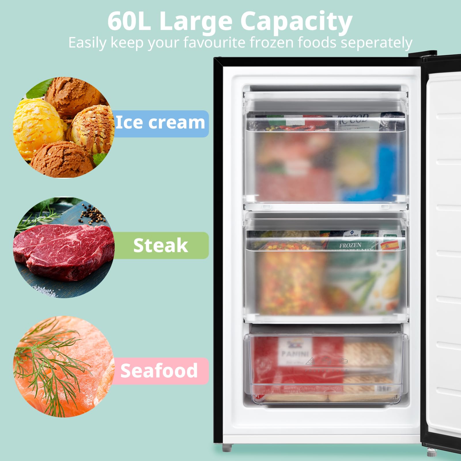 COMFEE' RCU60BL2UK(E) 60 Litre Freestanding Under Counter, 48cm Upright Freezer Adjustable Thermostat, Reversible Door, 4 Star Freezer Rating Drawer, Black — view 5