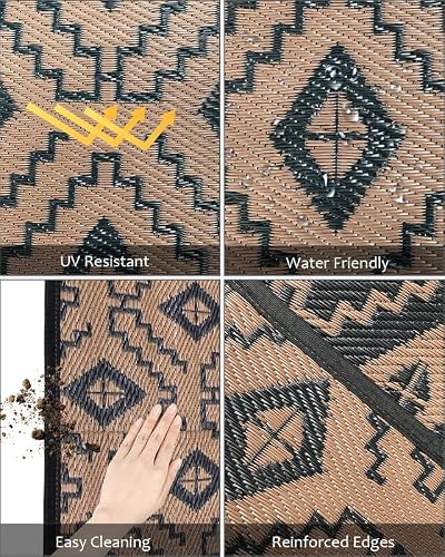 Outdoor Rugs - Reversible Mats, 5'X8' Plastic Straw Rug For Patio Clearance Waterproof, Indoor Outdoor Area Rug Carpet For Outside, Rv, Deck, Picnic, Beach, Trailer, Camping(Black & Brown) #TOP2