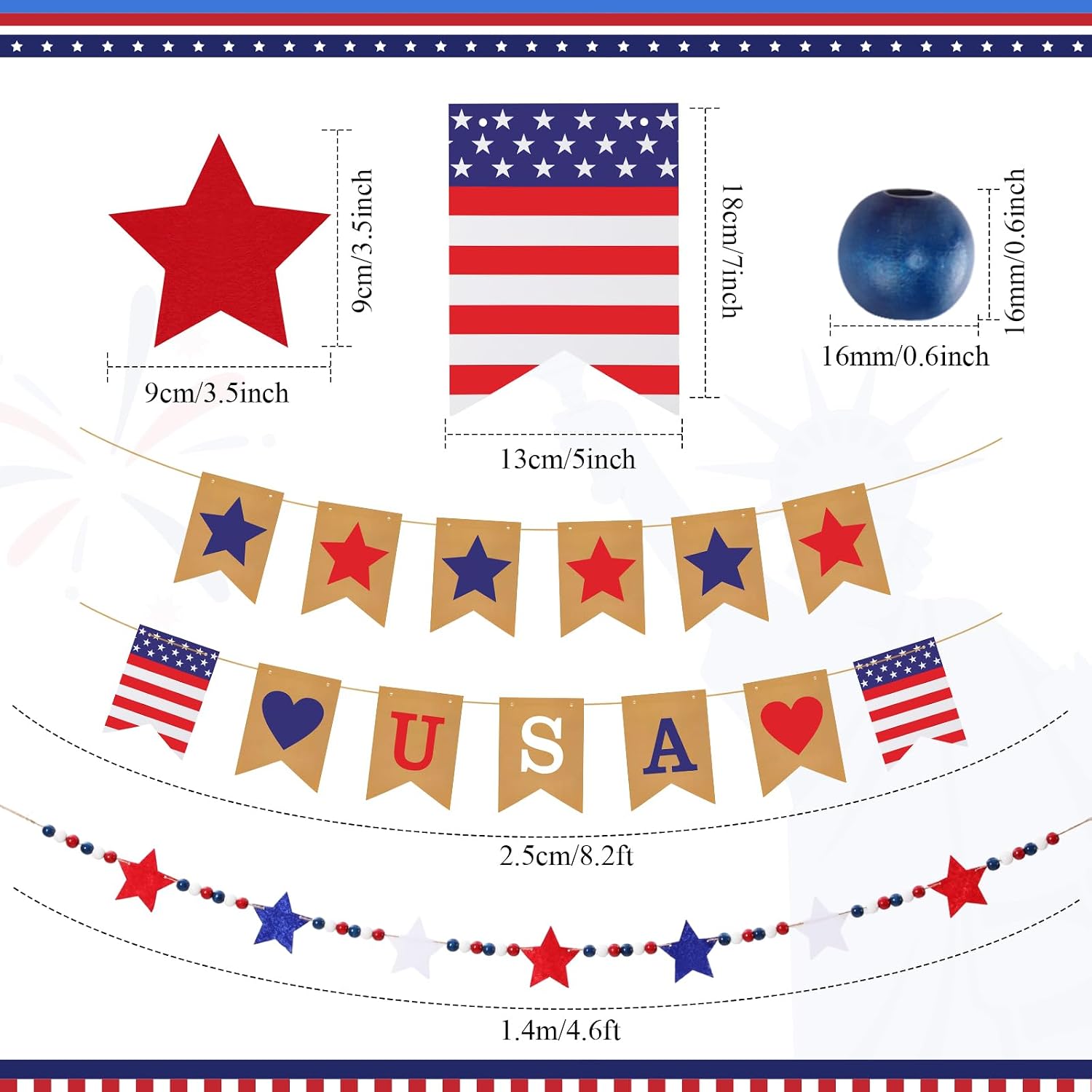 SmoothNovelty 2 Sets 250th Anniversary Wooden Red and Blue Star Felt Bead Wreath Banner Pull Flag Banner Independence Day Decoration for 4th of July Decorations Wreath Decor