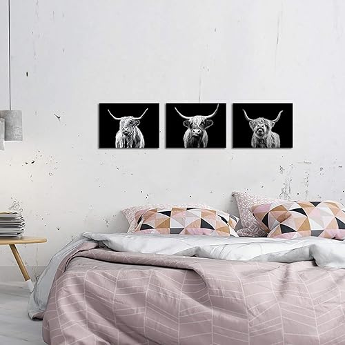 Miniatura 4 de Kreative Arts 3 piezas de arte de pared de Texas Longhorn en blanco y negro, arte de pared de animales de granja, ganado de las tierras altas,
