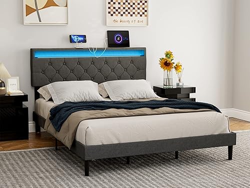 Miniatura 15 de IKIFLY Cabecera tapizada tamaño Queen con luces LED y 2 puertos USB, altura ajustable, cabecera acolchada de tela de lino con botones, fácil