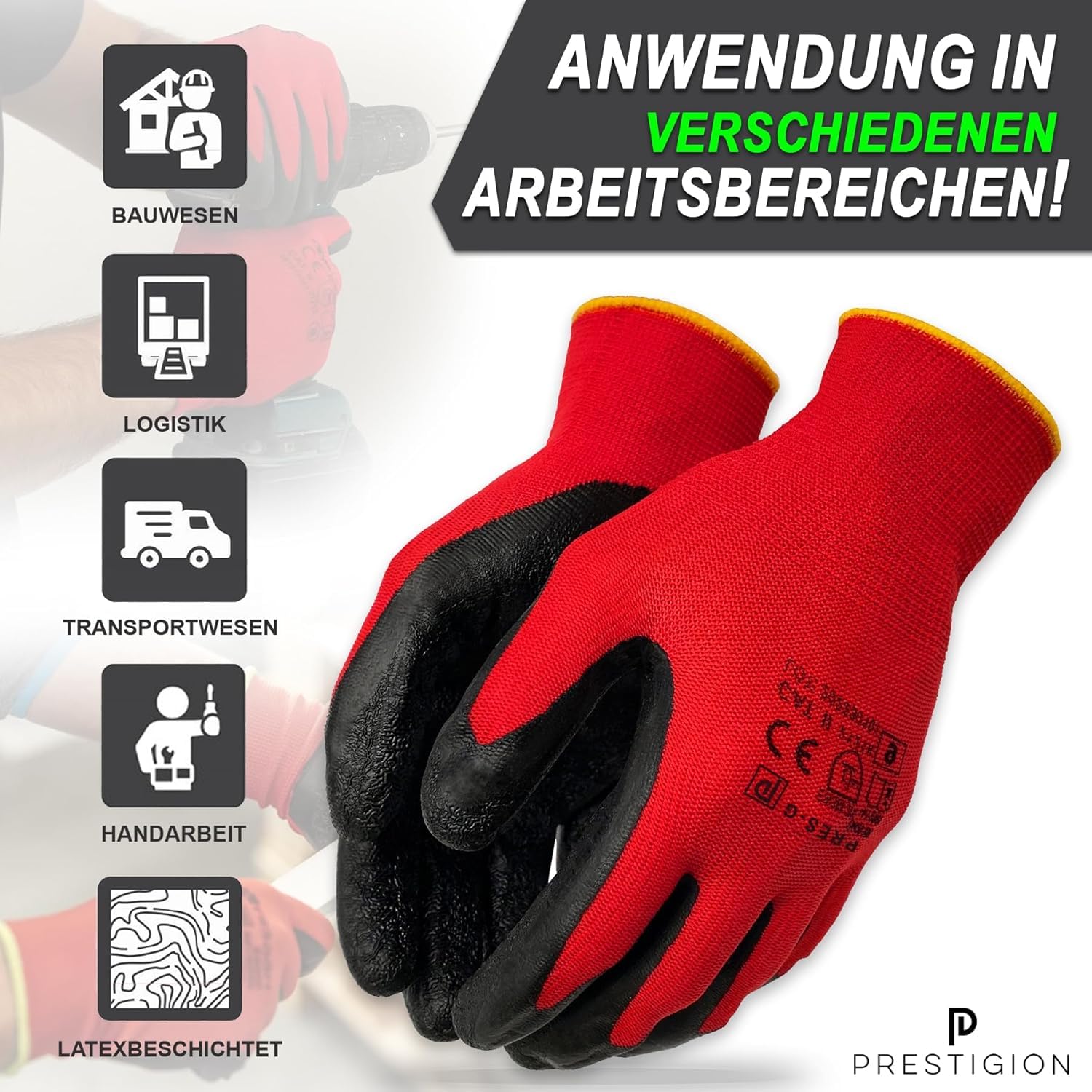 Gants de Travail, Taille 10-XL, 72 Paires - Gants en latex pour le travail - Résistants à l'abrasion - Idéals pour les chantiers, les bricoleurs ou le jardinage