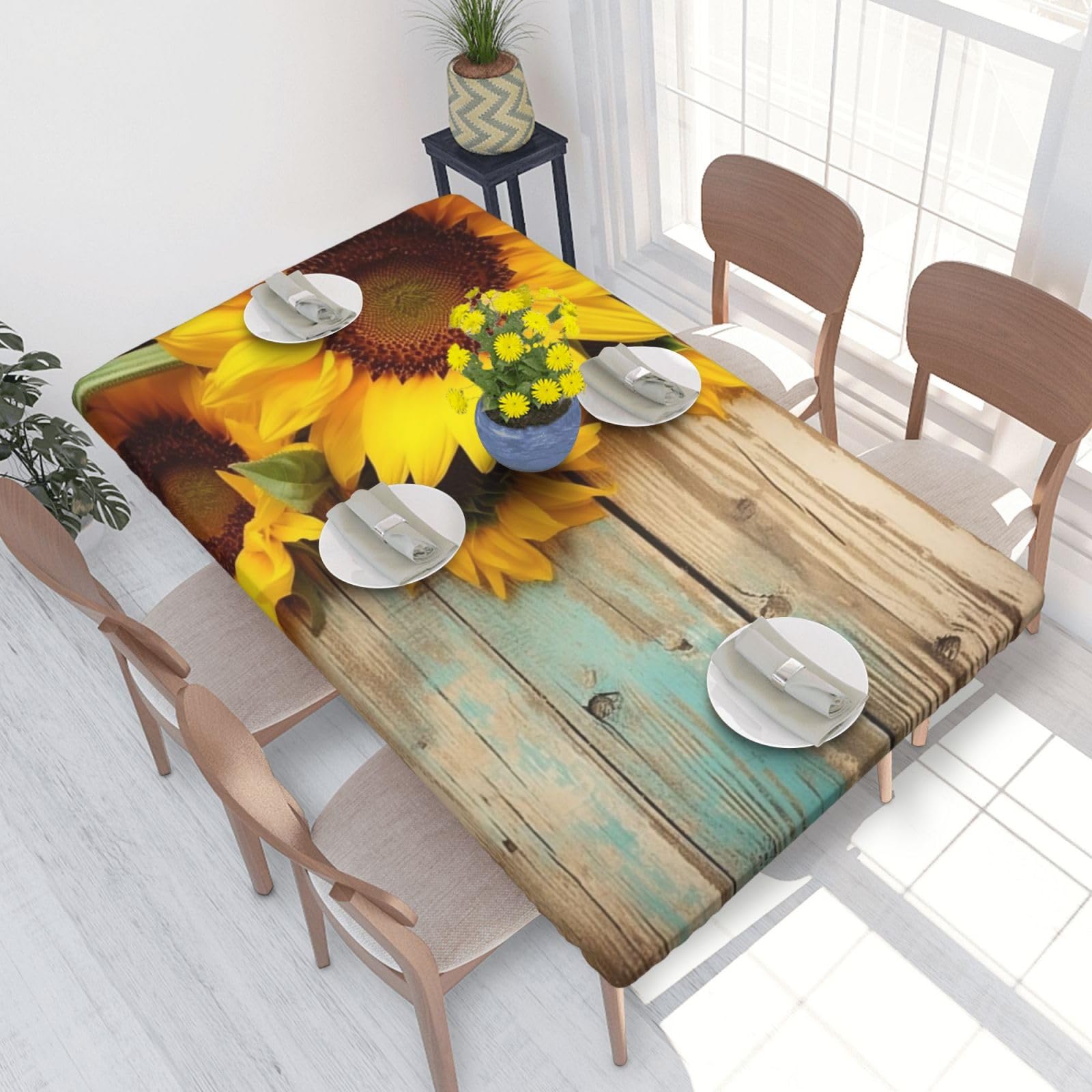 Paint Wooden Board Sunflower Waterproof Square Table Cover Elastic Fitted Tablecloth Oil Proof Table Protector For 4ft Table