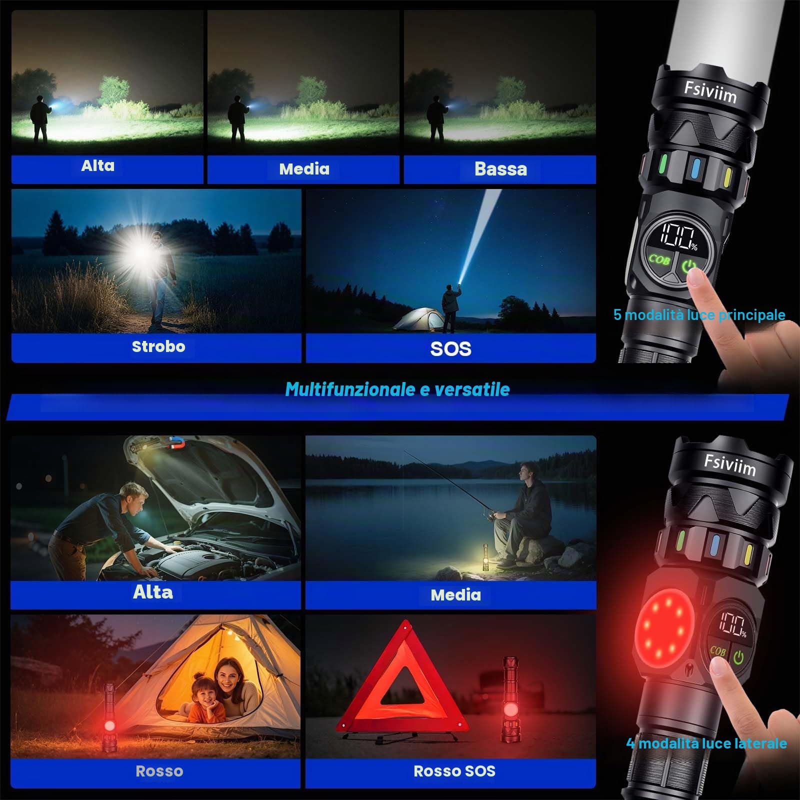 7000 mAh Batteria, Torcia LED Potente Professionale, 1000000 Lumen Torcia Led Ricaricabile Potente, Torcia Ricaricabile, zoomabile, 9 modalità, Per Campeggio Trekking Emergenza