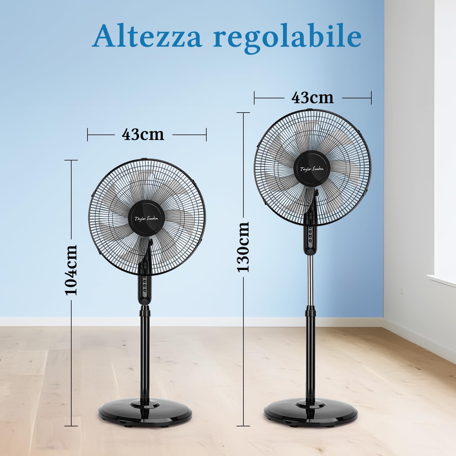 Taylor Swoden Ventilatore a Piantana Potente, 50W, 7 Pale, 3 Velocità Ventilatore Silenzioso, Oscillante, Altezza Regolabile, Griglia, Base Rotonda Stabile, Nero, 43x40x130cm
