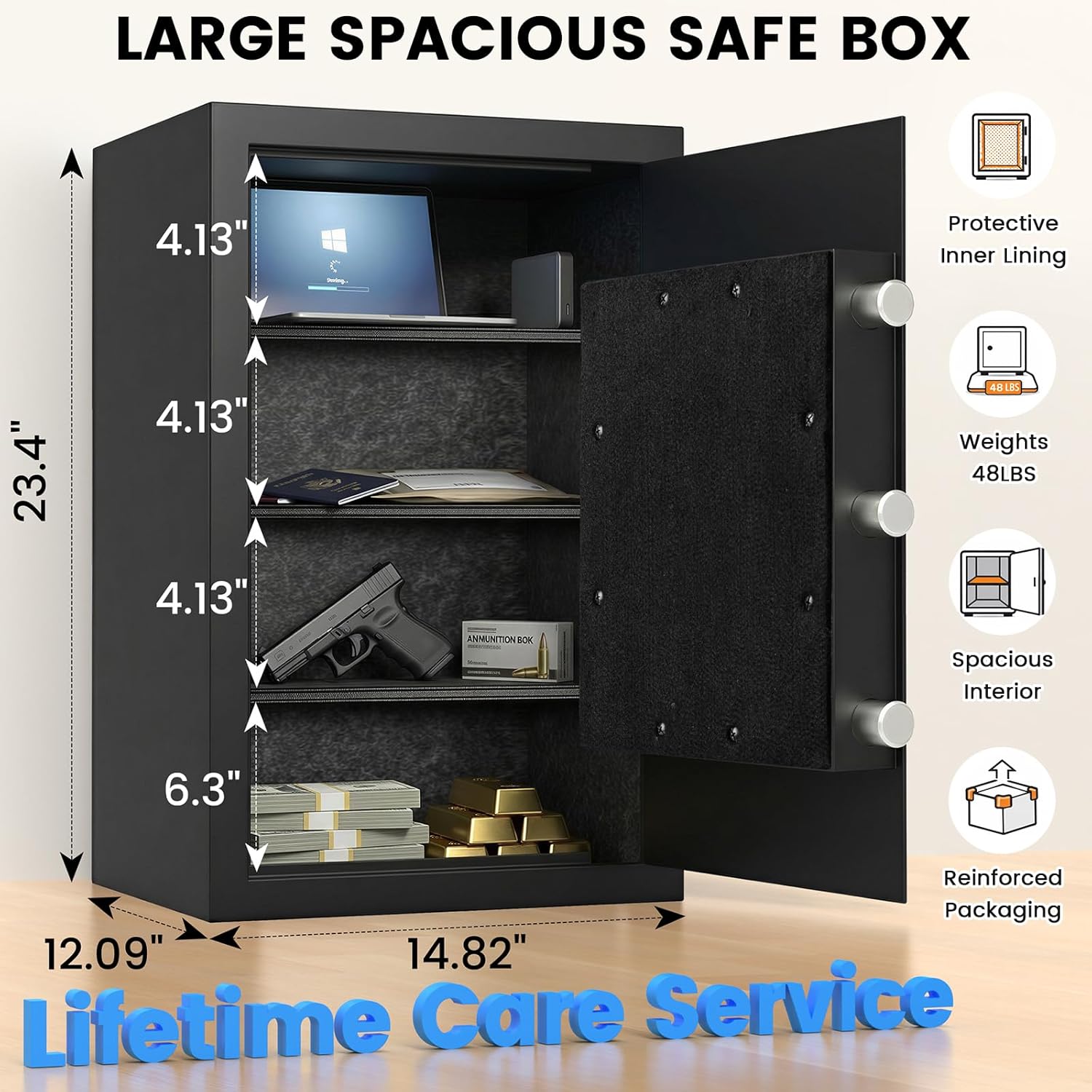 [𝟐𝟎𝟐𝟔 𝐍𝐞𝐰] 60-Min Fire Proof Safe for Home Documents, 23.69'' Tall Home Safes Water and Fireproof with Key Lock, Removable Shelf, 1700°F Fire Safe for Money, Office Files, Valuables