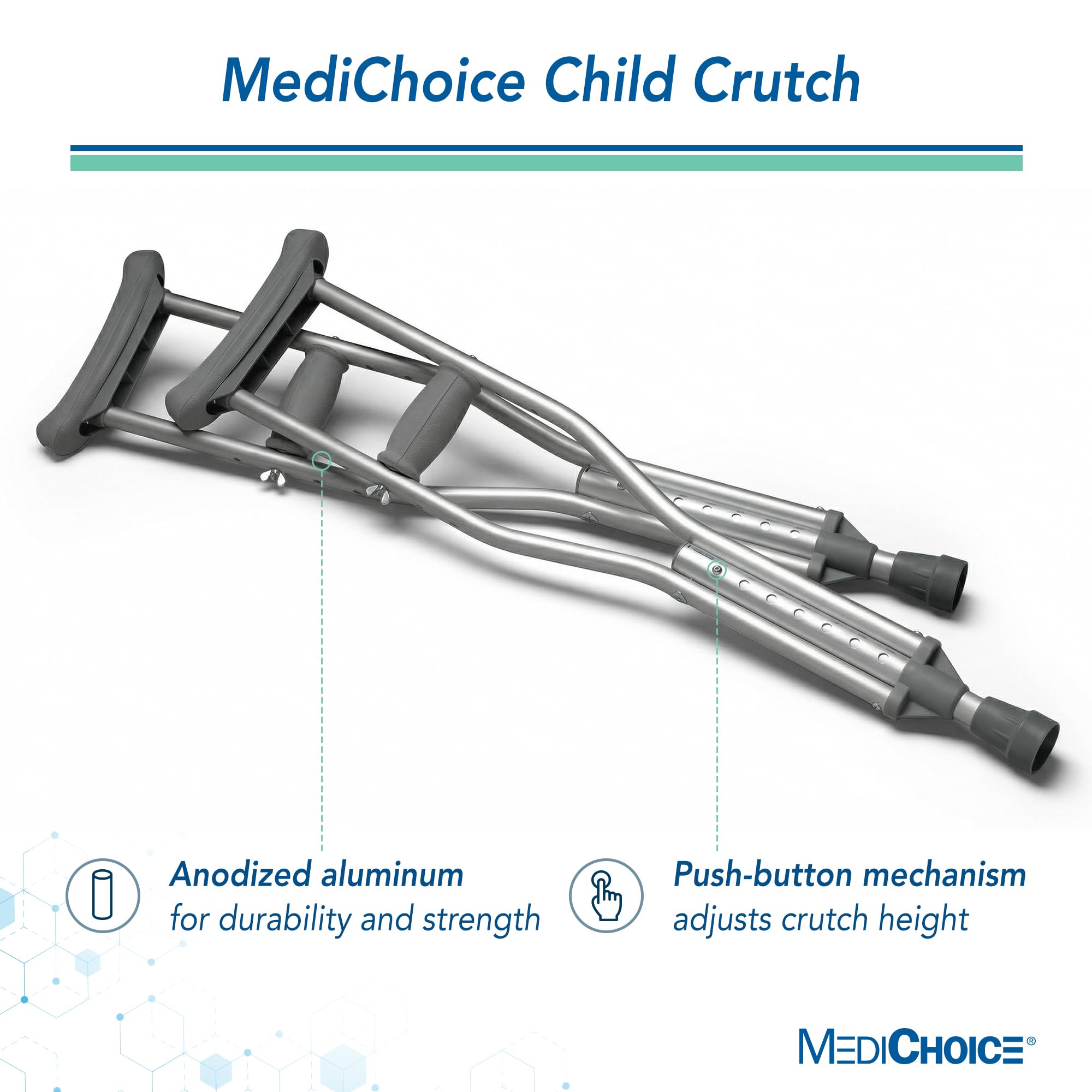 Condition photo showing New/Like New for medichoice child crutches - aluminum adjustable height 4 ft to 4 ft 6 in, 300 lb capacity (1 pair) - push button pediatric crutches with non slip tips for stability & support