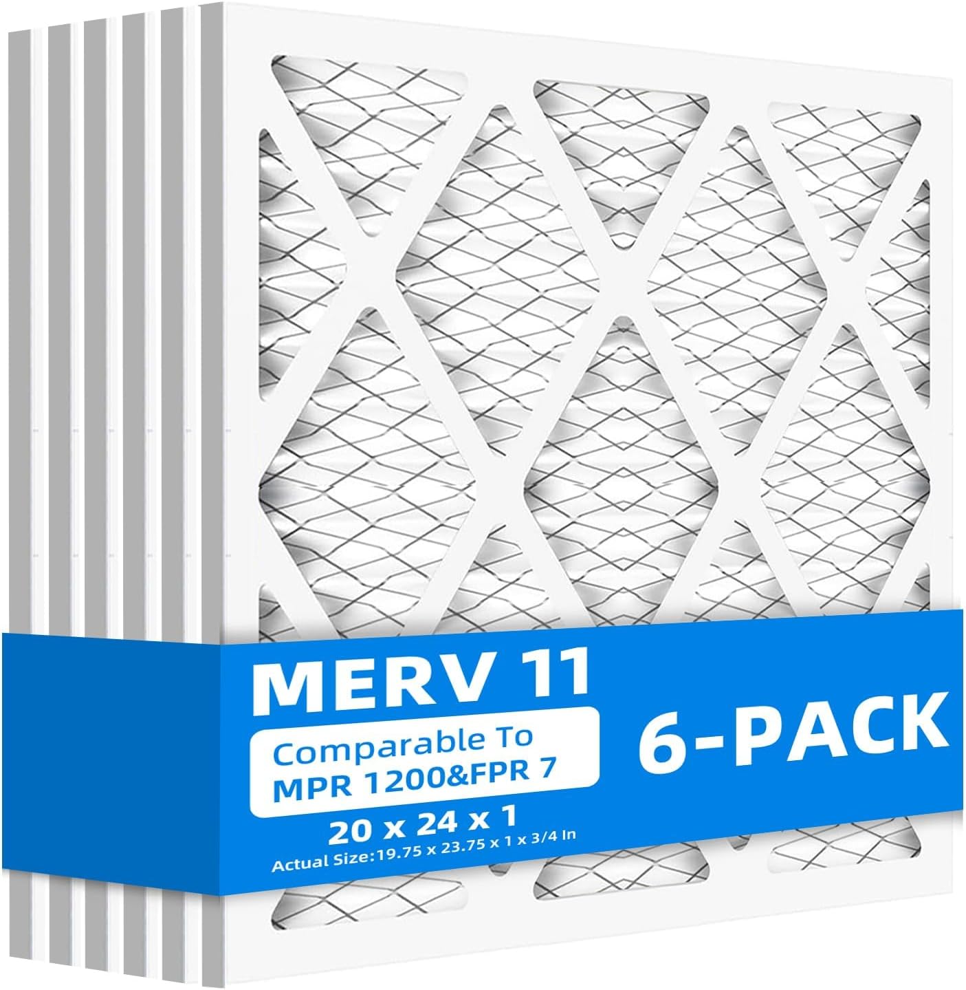 (6 Pack) 20x24x1 Furnace Air Filters, MPR 1200 & FPR 7, MERV 11 Pleated ...
