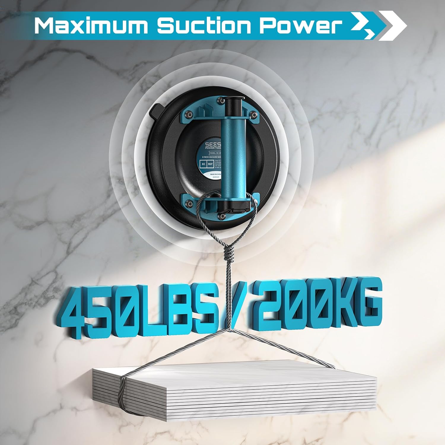 SEESII Electric Caulking Gun & Tile Suction Cup Combo – Cordless Caulk Gun with 2x 2000mAh Batteries + 200 kg Heavy-Duty Glass Suction Cup Lifter for DIY, Home Improvement & Construction