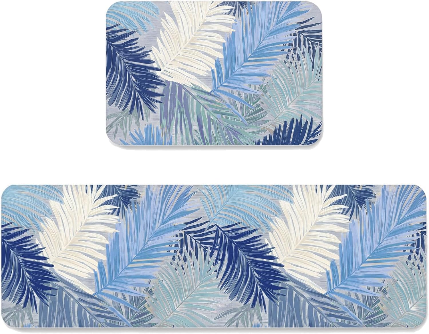 Blue Grey Palm Leaves Kitchen Mats Set of 2 Summer Tropical Botanical Coastal Non Slip Mat Washable Floor Rug for Kitchen Sink Floor Laundry, 19.7"x31.5"+19.7"x63"