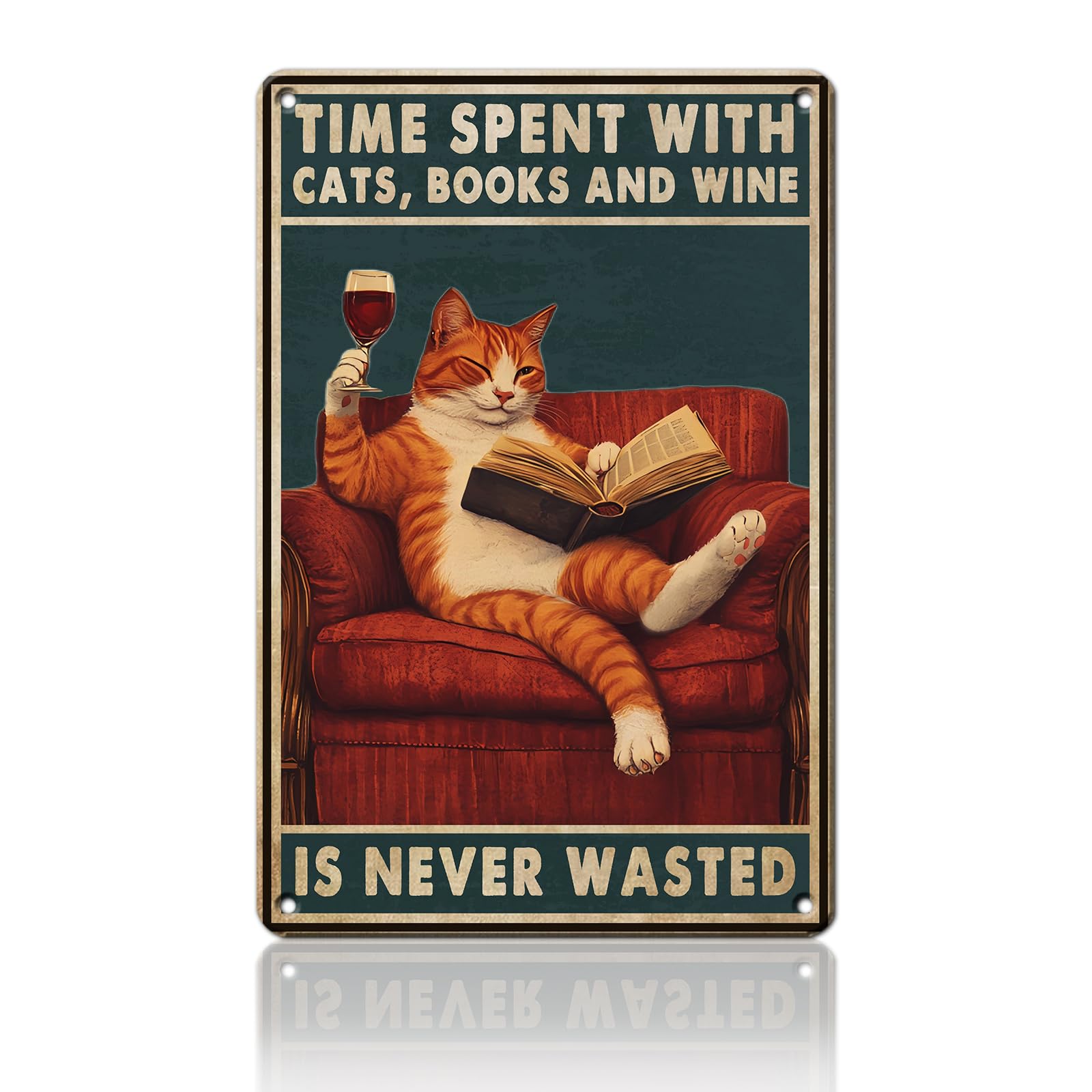 Anceky Retro Metal Tin Sign Time Spent With Cats Books And Wine Is Never Wasted Sign Funny Wall Decor for Home Farmhouse Backyard Bar Outdoor 12×8 Inch
