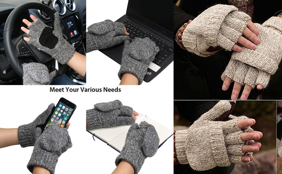 AOKAY Winter Handschuhe Fingerlose Fäustlinge Damen Fingerhandschuhe Fingerlos Handschuhe Strick Handschuhe mit Flip Top (Armeegrün 