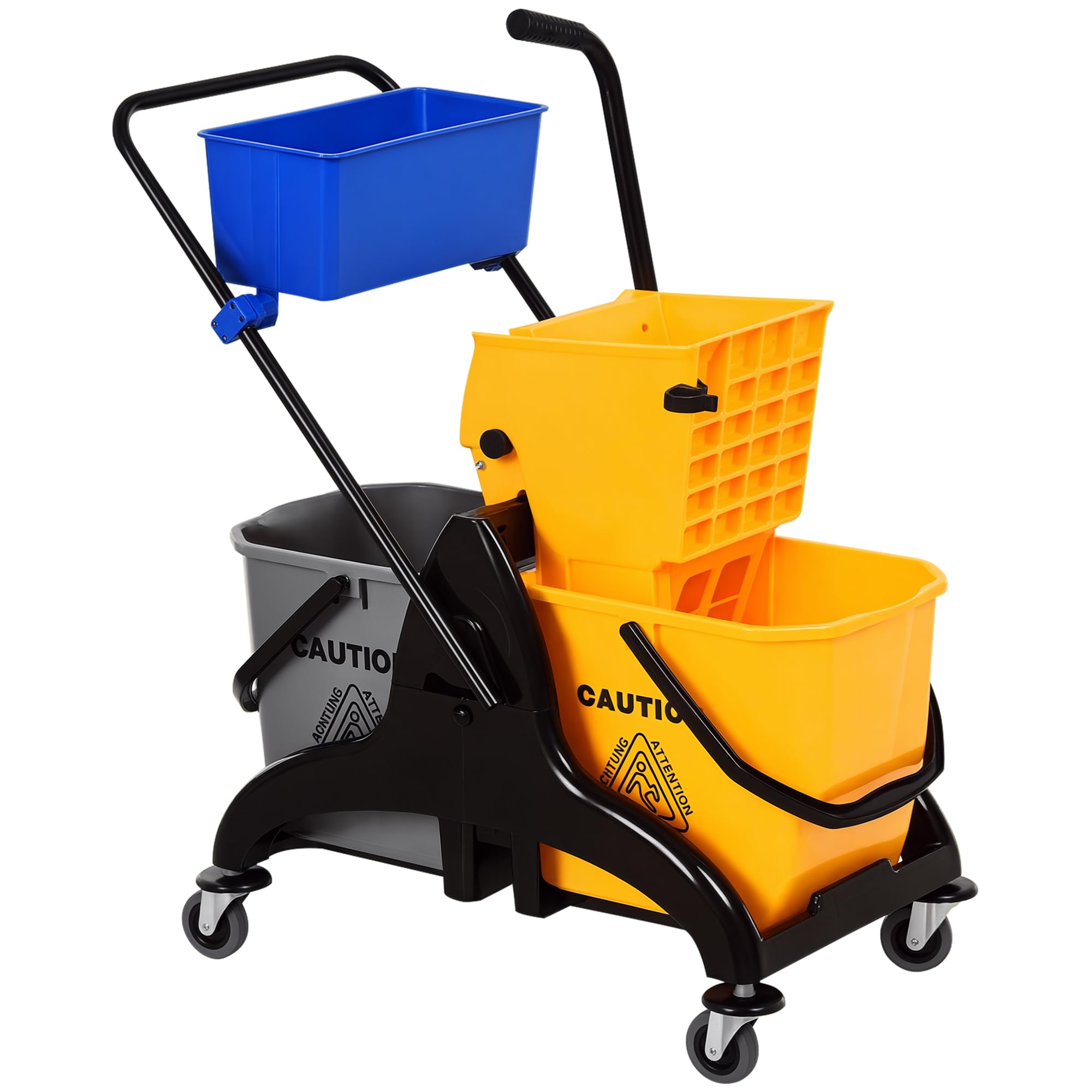HOMCOM Cubo de Fregona con Ruedas, 26 L, Cubo de Fregar con Sistema de Escurridor de Presión Lateral, Asa de Transporte y Doble Cubetas Separadas para Doméstico y Comercial, Amarillo y Azul