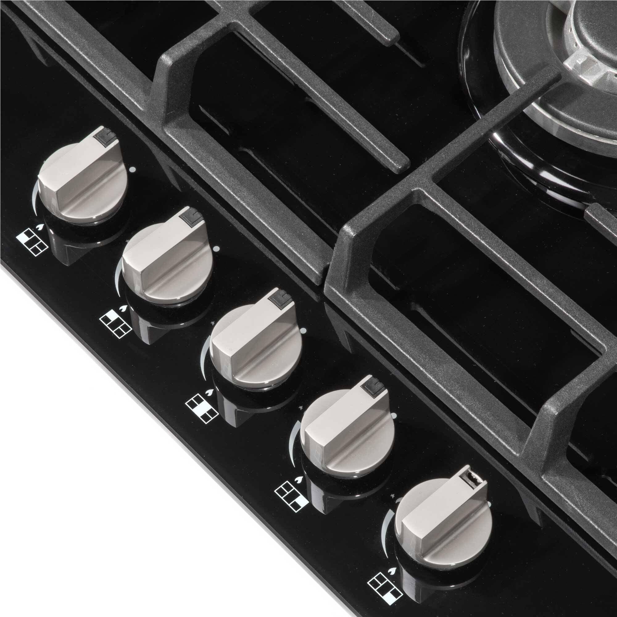 Baridi 70cm Gas on Glass Hob with 5 Burners, Cast Iron Pan Supports and Auto Ignition, 11kW, Black Glass - DH228 — view 5