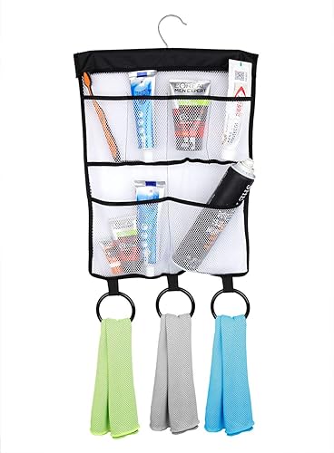 Miniatura 1 de FishMM Organizador de ducha colgante de malla con gancho, organizador de almacenamiento de baño para ducha con 6 bolsillos y 3 ganchos giratorios,