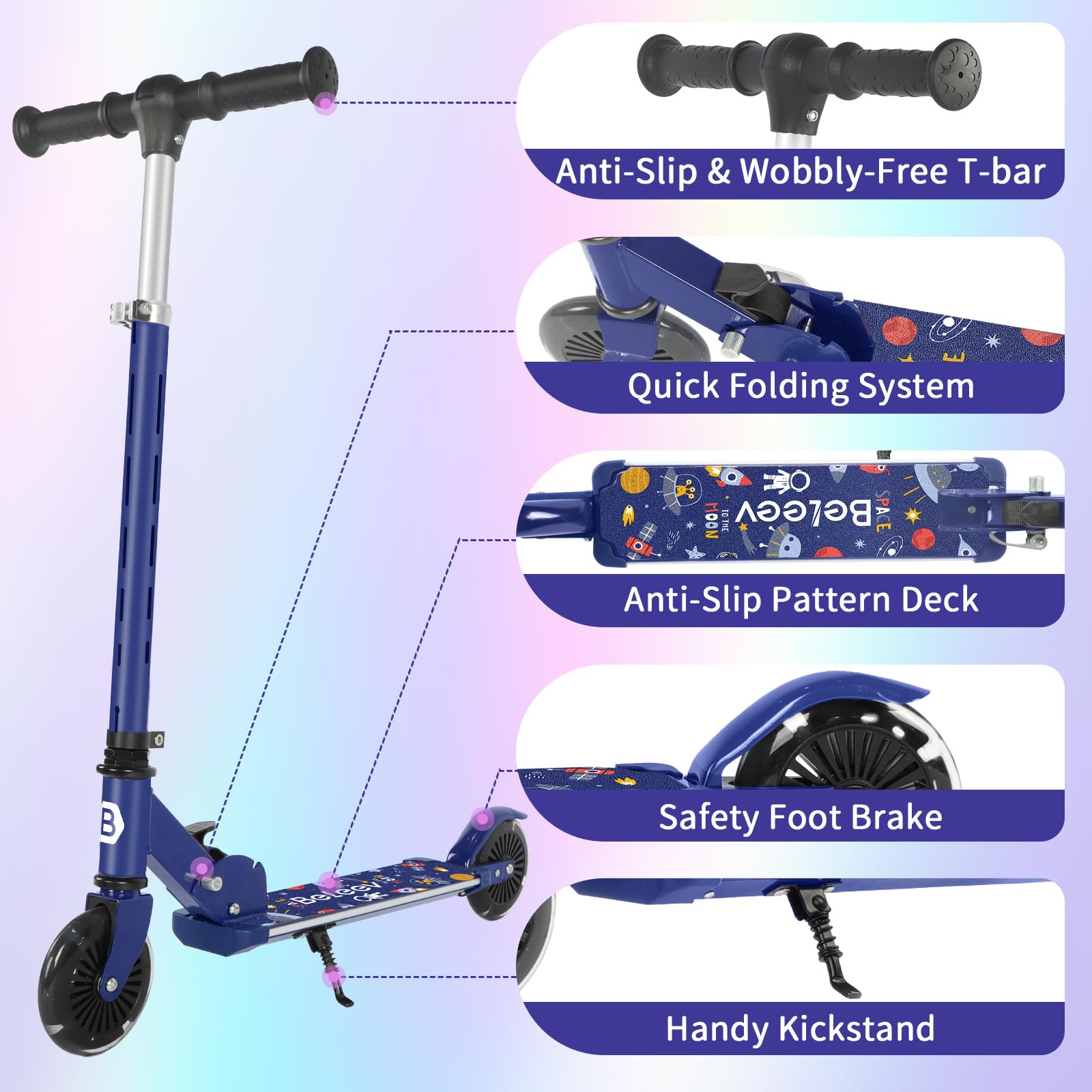 BELEEV V3 Trottinette pour Enfants avec Support, Scooter Pliable à 2 Roues | LED Roues Lumineuses, Stem & Deck, 4 Réglables en Hauteur, Trottinette pour Filles et Garçons de 3 à 12 Ans, Scooter