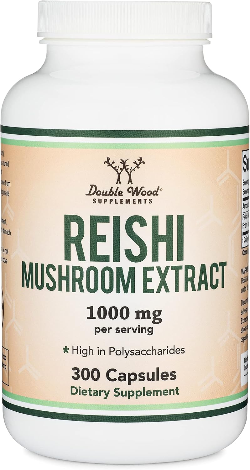 Reishi Mushroom Capsules (4:1 Ganoderma Extract, 1,000mg Red Reishi Powder Servings) 300 Count, 5 Month Supply, Potent Mushroom Supplement for Immune System Support and Defense by Double Wood