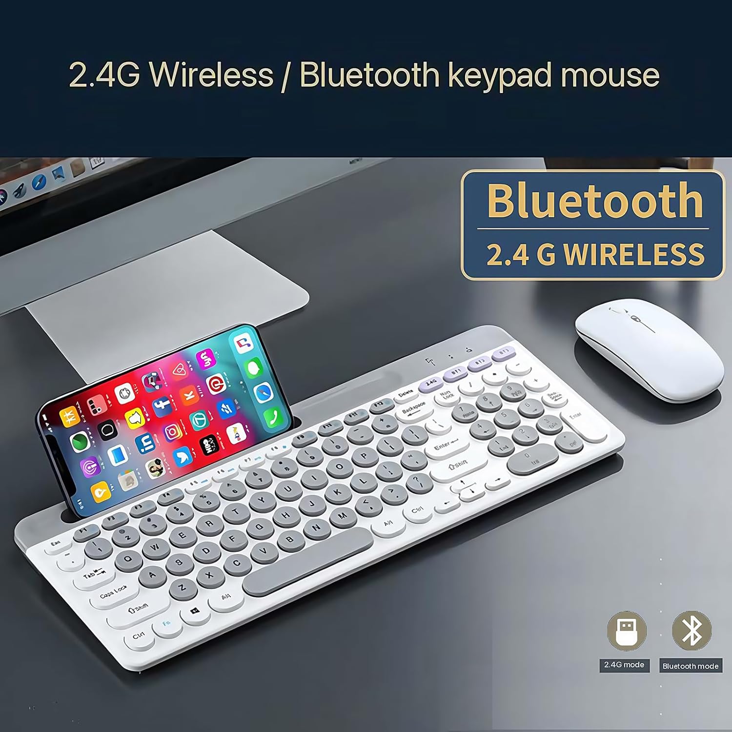 Wireless Keyboard and Mouse Combo with Phone Tablet Holder, Rechargeable Dual-Mode (Bluetooth 5.0 and 3.0 +2.4G) Multi-Device Silent Mouse for Windows, iPad, Tablet, MacOS,iOS,Android (Grey+White) image 5 of 8 B0DPHX16TJ